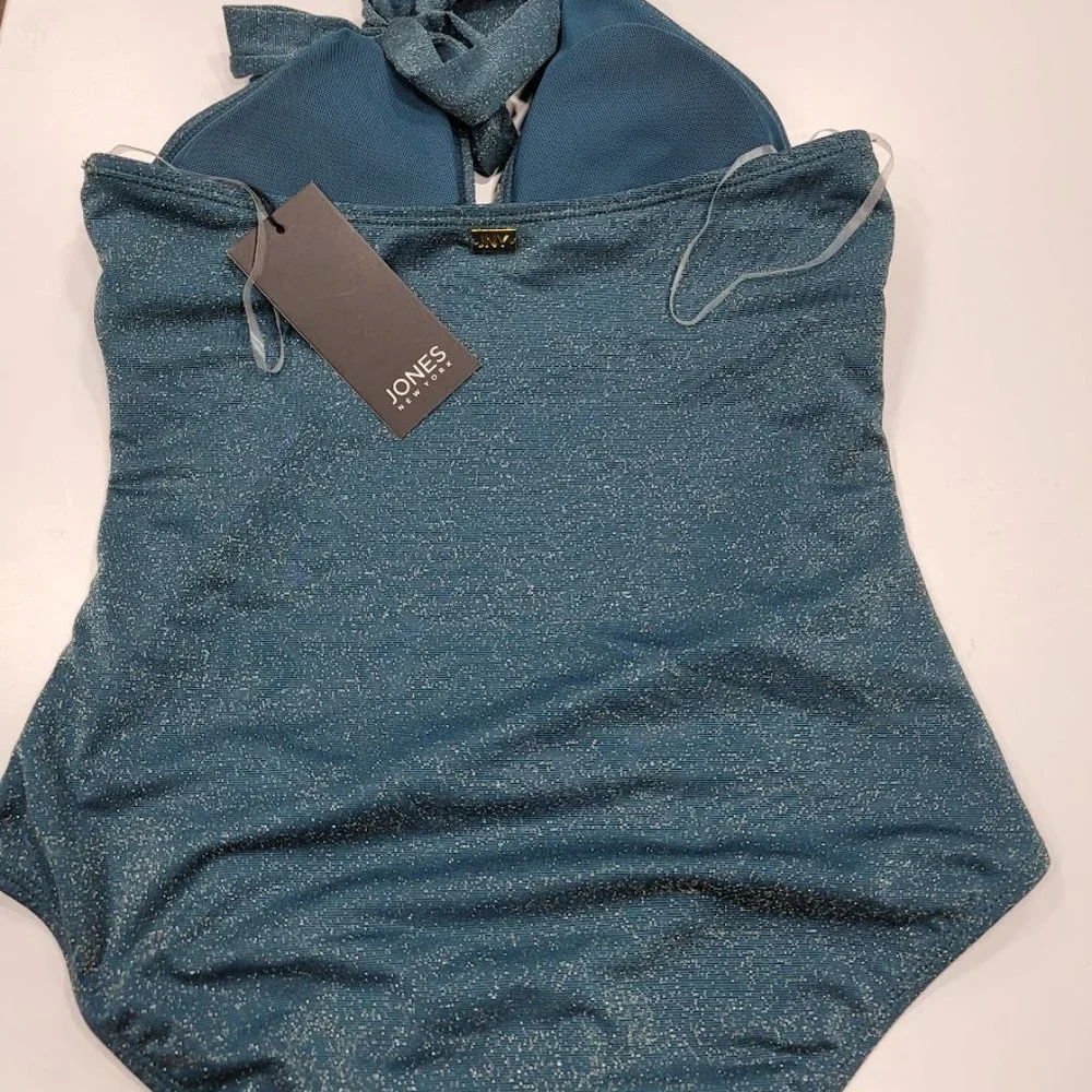 Jones New York One Piece Halter Swimsuit Teal W/ Shimmer